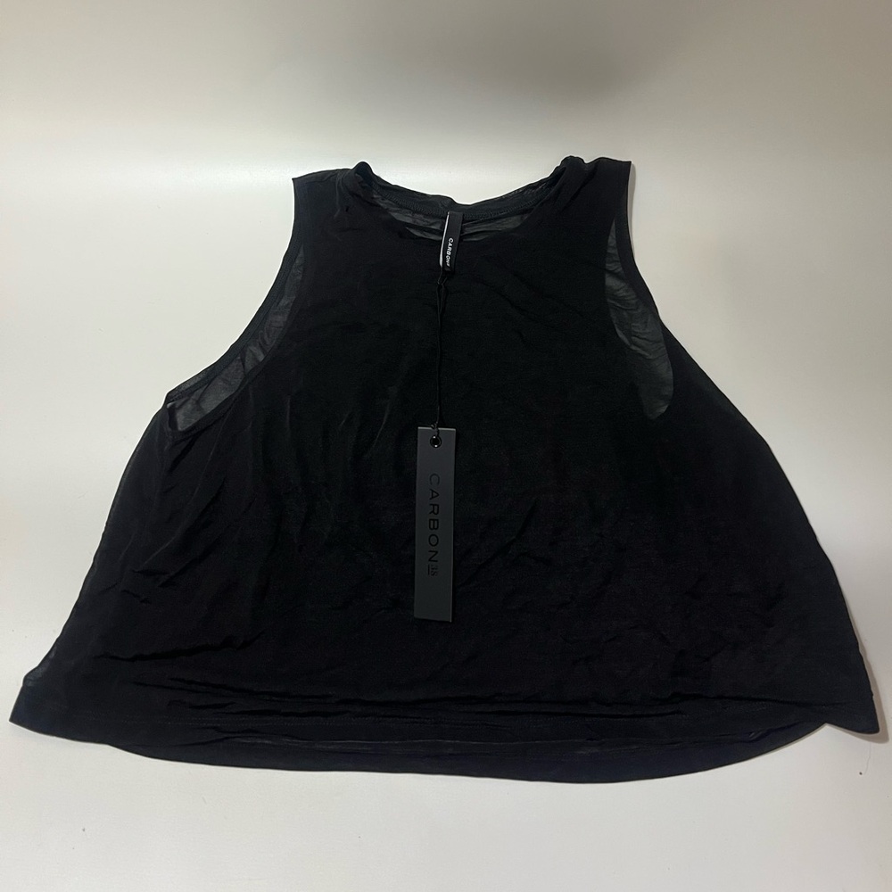 Carbon38 Sheer Tank Top Women's Size M Black Round Neck Layering Mesh Athleisure